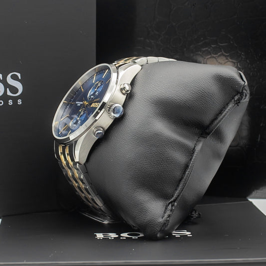 BOSS Associate Qtz Fashion Chrono Blue Round Dial Men's Analog Watch|Two Tone Stainless Steel Material|Silver Color Band - 1513976