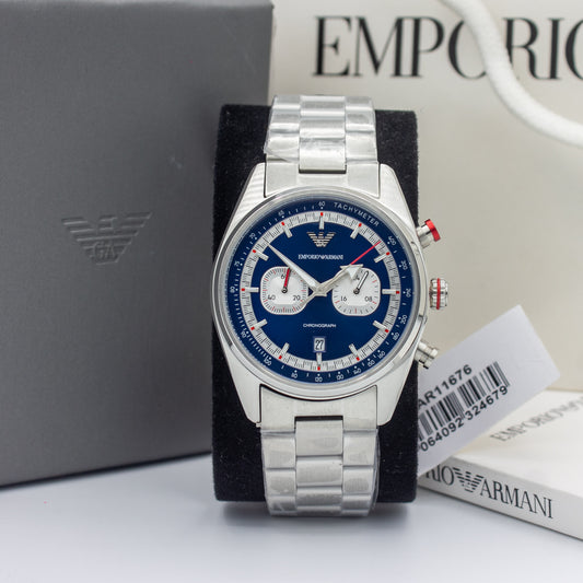 Emporio Armani Silver Stainless Steel Blue Dial Chronograph Quartz Watch for Gents - AR11676
