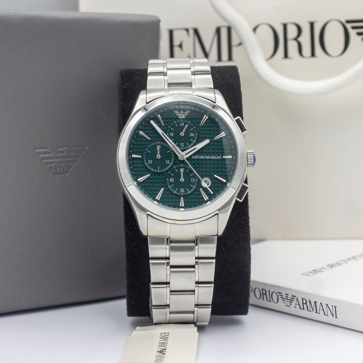 Emporio Armani Paolo Silver Stainless Steel Green Dial Chronograph Quartz Watch for Gents - AR11529