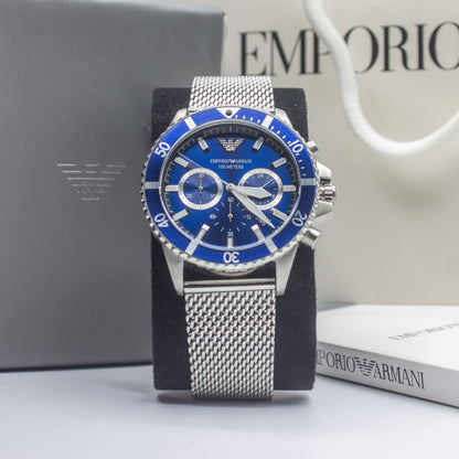 Emporio Armani Diver Silver Stainless Steel Mesh Blue Dial Quartz Watch for Gents- AR11587