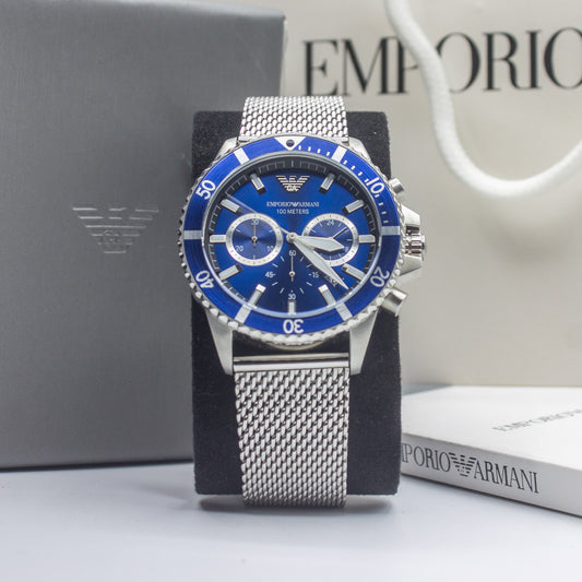 Emporio Armani Diver Silver Stainless Steel Mesh Blue Dial Quartz Watch for Gents- AR11587