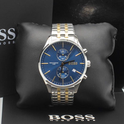 BOSS Associate Qtz Fashion Chrono Blue Round Dial Men's Analog Watch|Two Tone Stainless Steel Material|Silver Color Band - 1513976