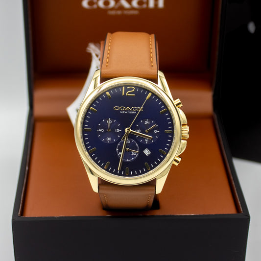 Coach Greyson Brown Leather Strap Dark Blue Dial Chronograph Quartz Watch for Gents - 14602629