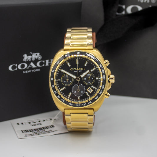 Coach Charter Qtz Fashion Chrono Black Tonneau Dial Men's Watch|Ionic Plated Thin Gold Steel Material|Gold Color Band - 14602703