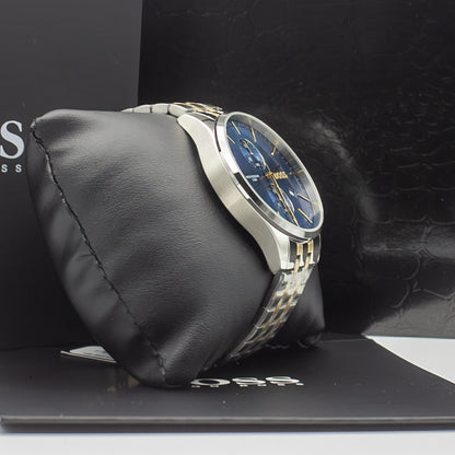 BOSS Associate Qtz Fashion Chrono Blue Round Dial Men's Analog Watch|Two Tone Stainless Steel Material|Silver Color Band - 1513976