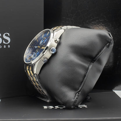 BOSS Associate Qtz Fashion Chrono Blue Round Dial Men's Analog Watch|Two Tone Stainless Steel Material|Silver Color Band - 1513976