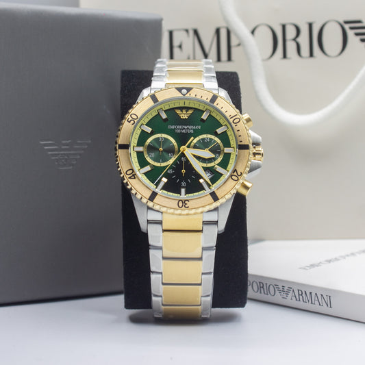 Emporio Armani Diver Two-tone Stainless Steel Green Dial Chronograph Quartz Watch for Gents - Emporio Armani A11586