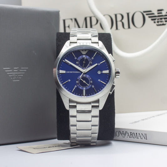 Emporio Armani Claudio Silver Stainless Steel Blue Dial Chronograph Quartz Watch for Gents - AR11541