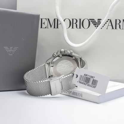 Emporio Armani Diver Silver Stainless Steel Mesh Blue Dial Quartz Watch for Gents- AR11587