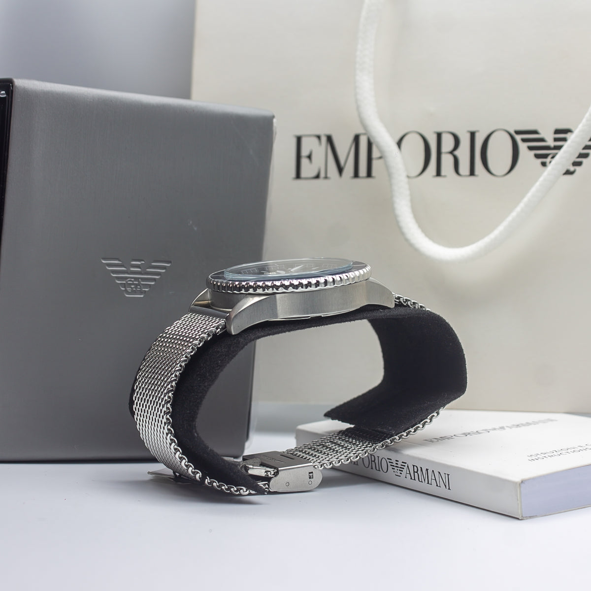 Emporio Armani Diver Silver Stainless Steel Mesh Blue Dial Quartz Watch for Gents- AR11587