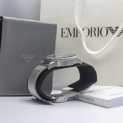 Emporio Armani Diver Silver Stainless Steel Mesh Blue Dial Quartz Watch for Gents- AR11587
