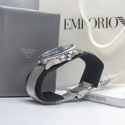 Emporio Armani Diver Silver Stainless Steel Mesh Blue Dial Quartz Watch for Gents- AR11587